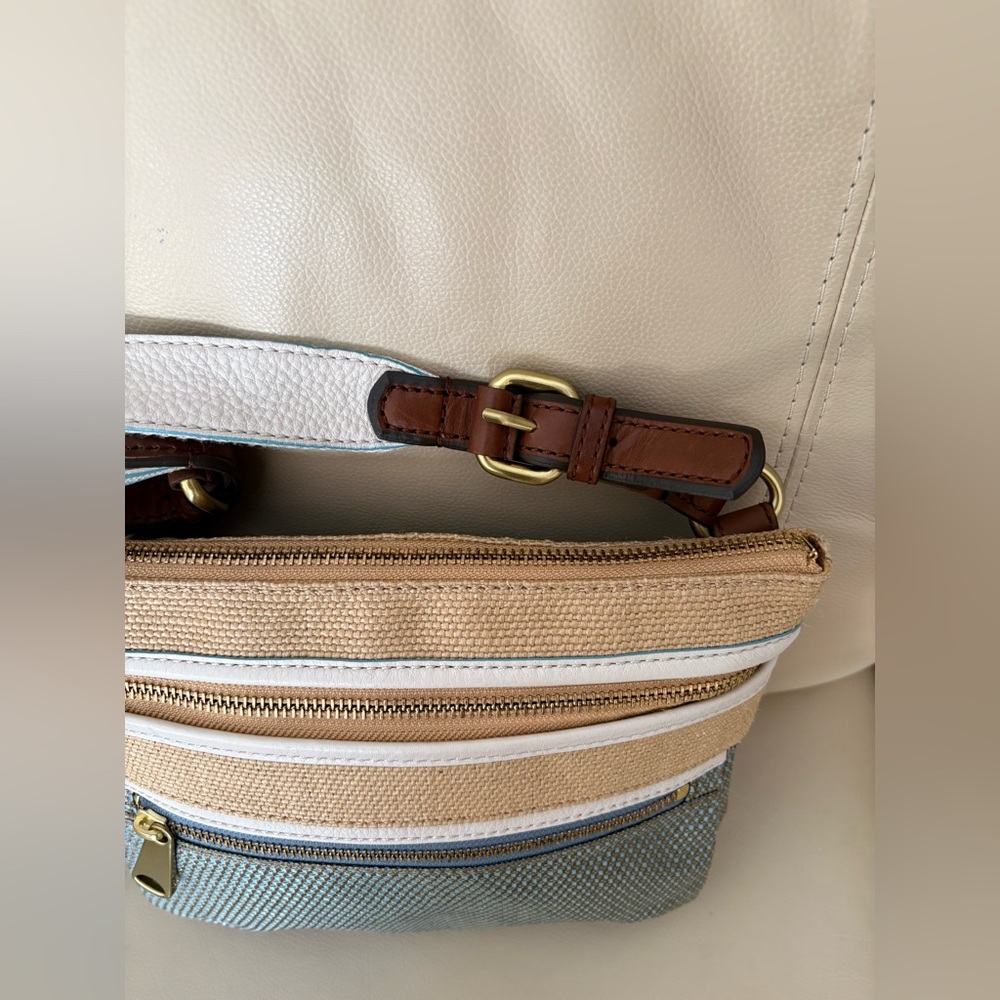 Fossil Explorer Woven Triple Zip Hipster Crossbody Iridescent Blue Leather Trim - Picture 2 of 11
